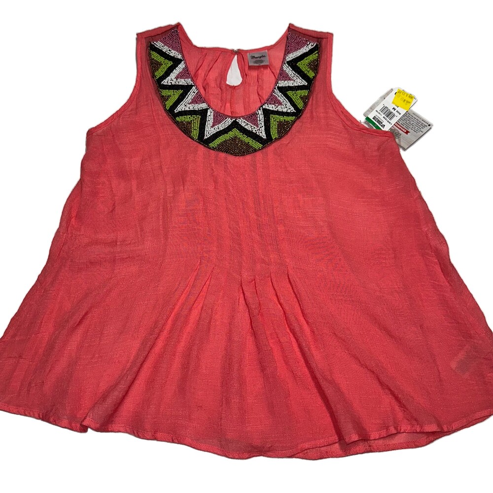 Wrangler Women’s Beaded Sleeveless Tunic Top M Coral Boho Western NWT
